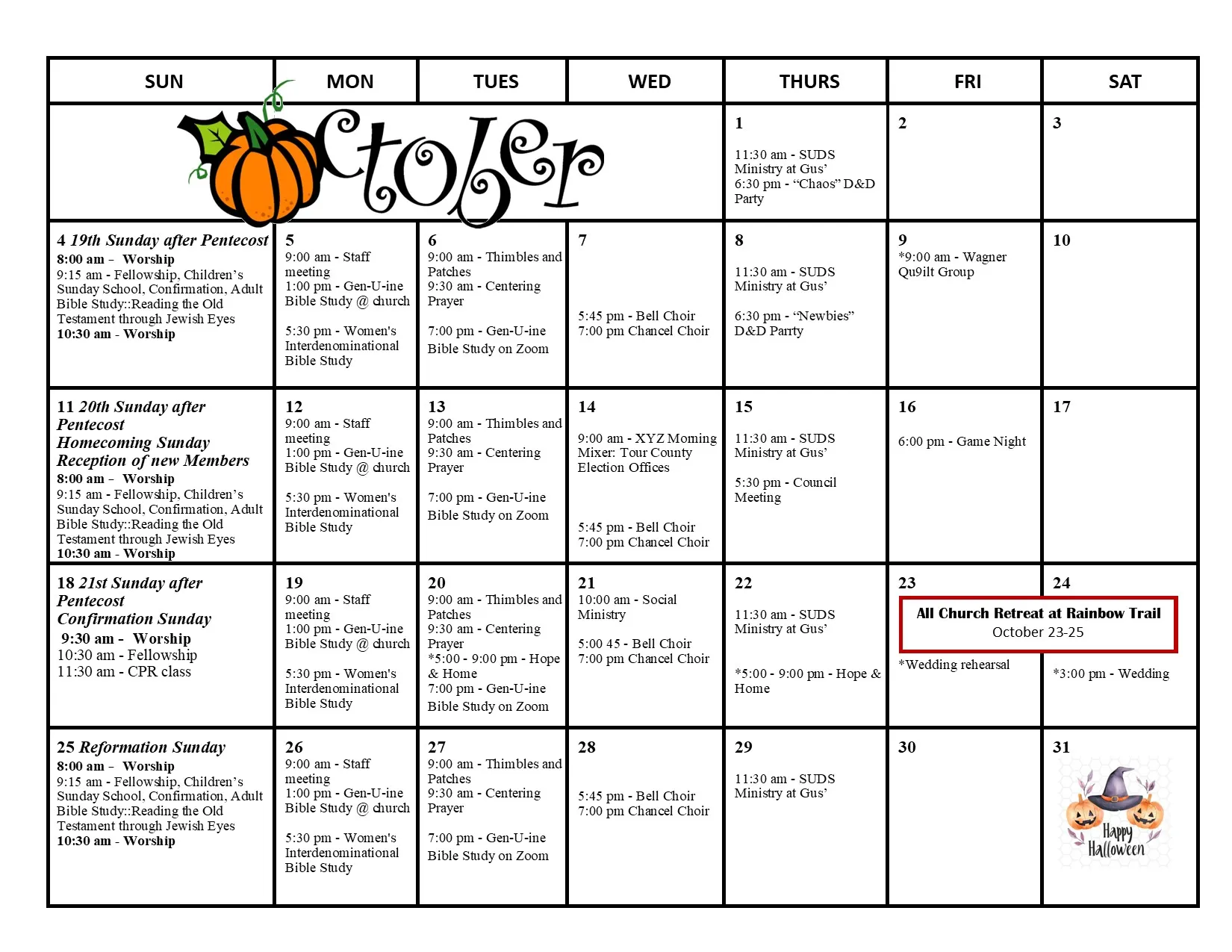 The King of Kings monthly calendar for October 2026, listing worship services, Bible studies, Homecoming and Confirmation Sundays, the All Church Retreat and other church events.