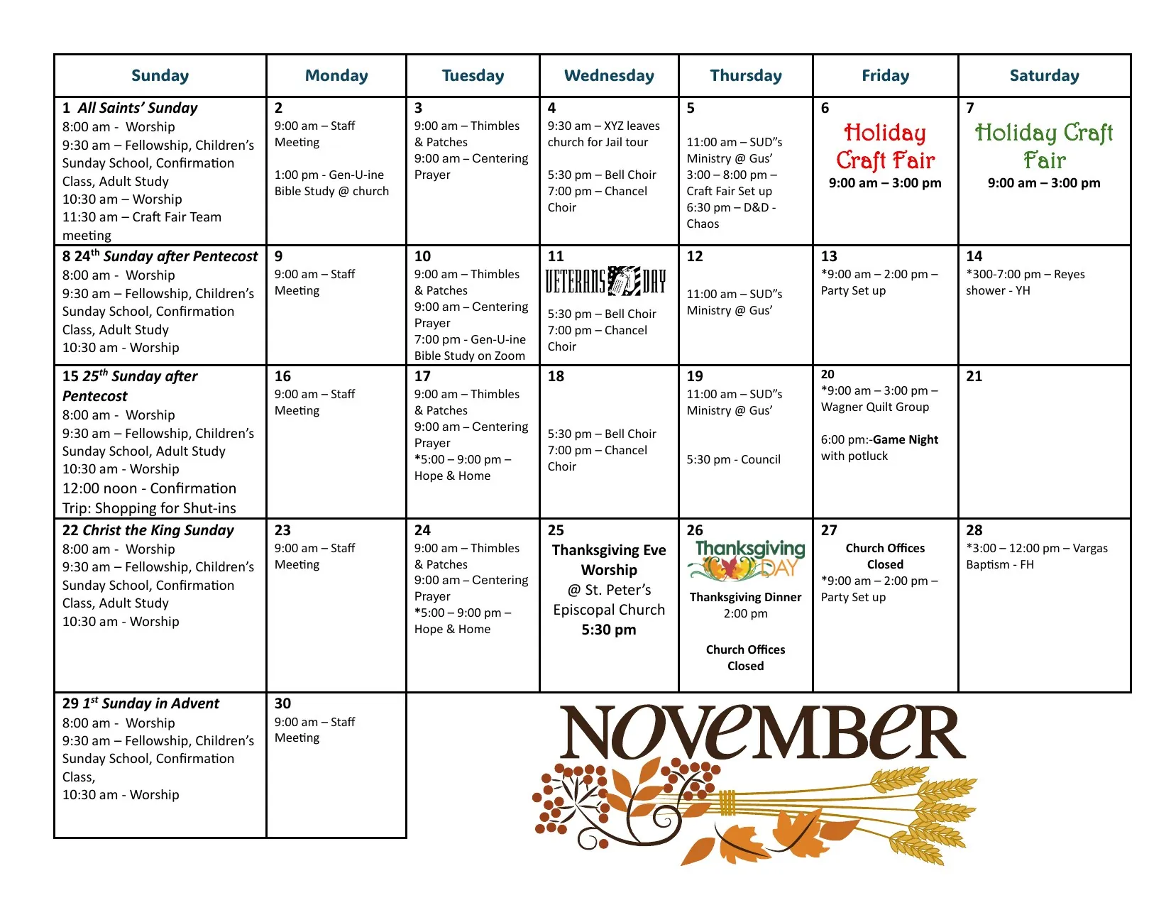The King of Kings monthly calendar for November 2026, listing worship services, Bible studies, the Holiday Craft Fair, Thanksgiving Eve worship, the Thanksgiving Dinner and other church events.