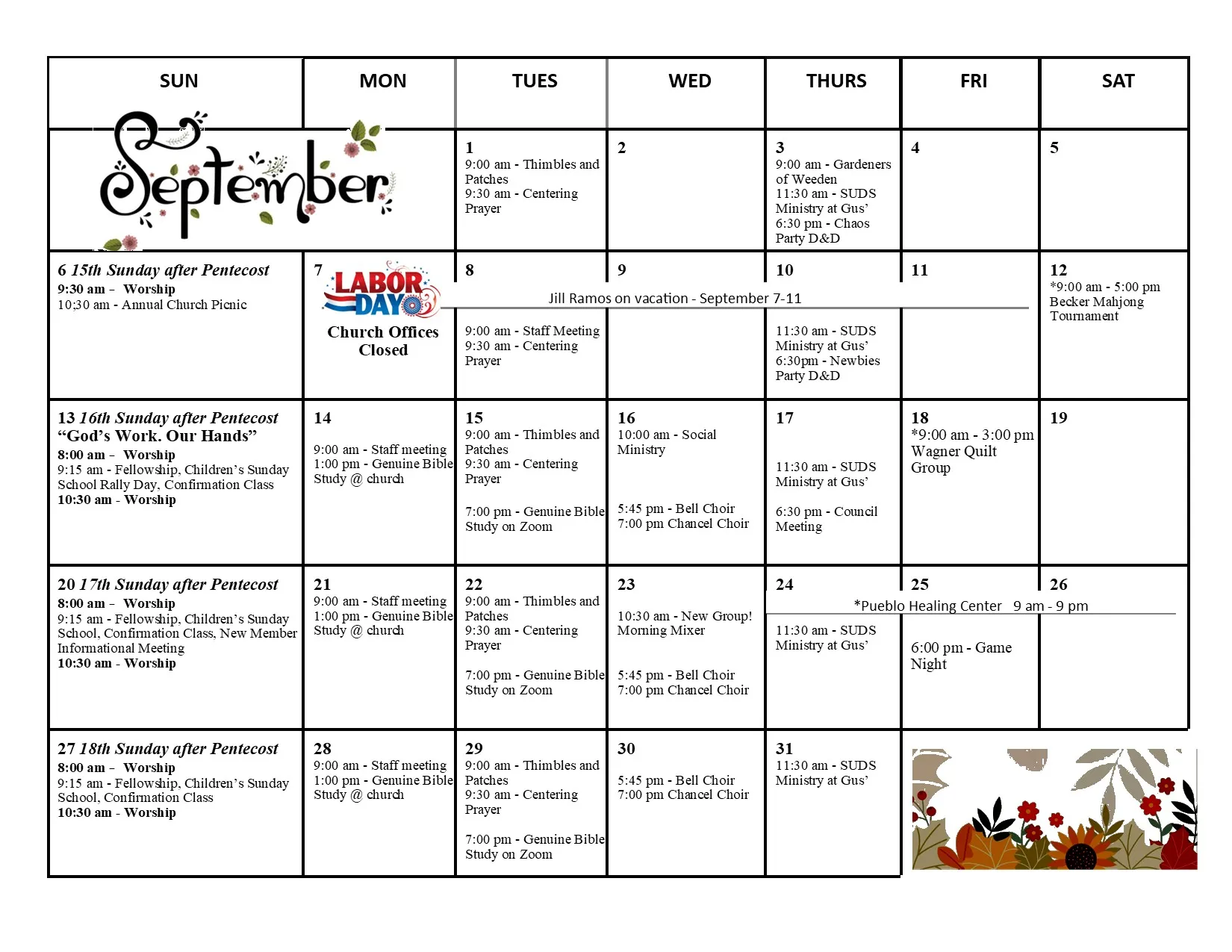 The King of Kings monthly calendar for September 2026, listing worship services, meetings and church events.