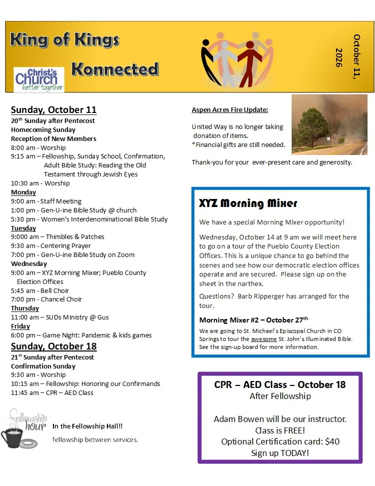 Page 1 of the Konnected newsletter for October 11, 2026: Homecoming Sunday and weekly schedule, Aspen Acres Fire update, XYZ Morning Mixers and the CPR–AED class on October 18.