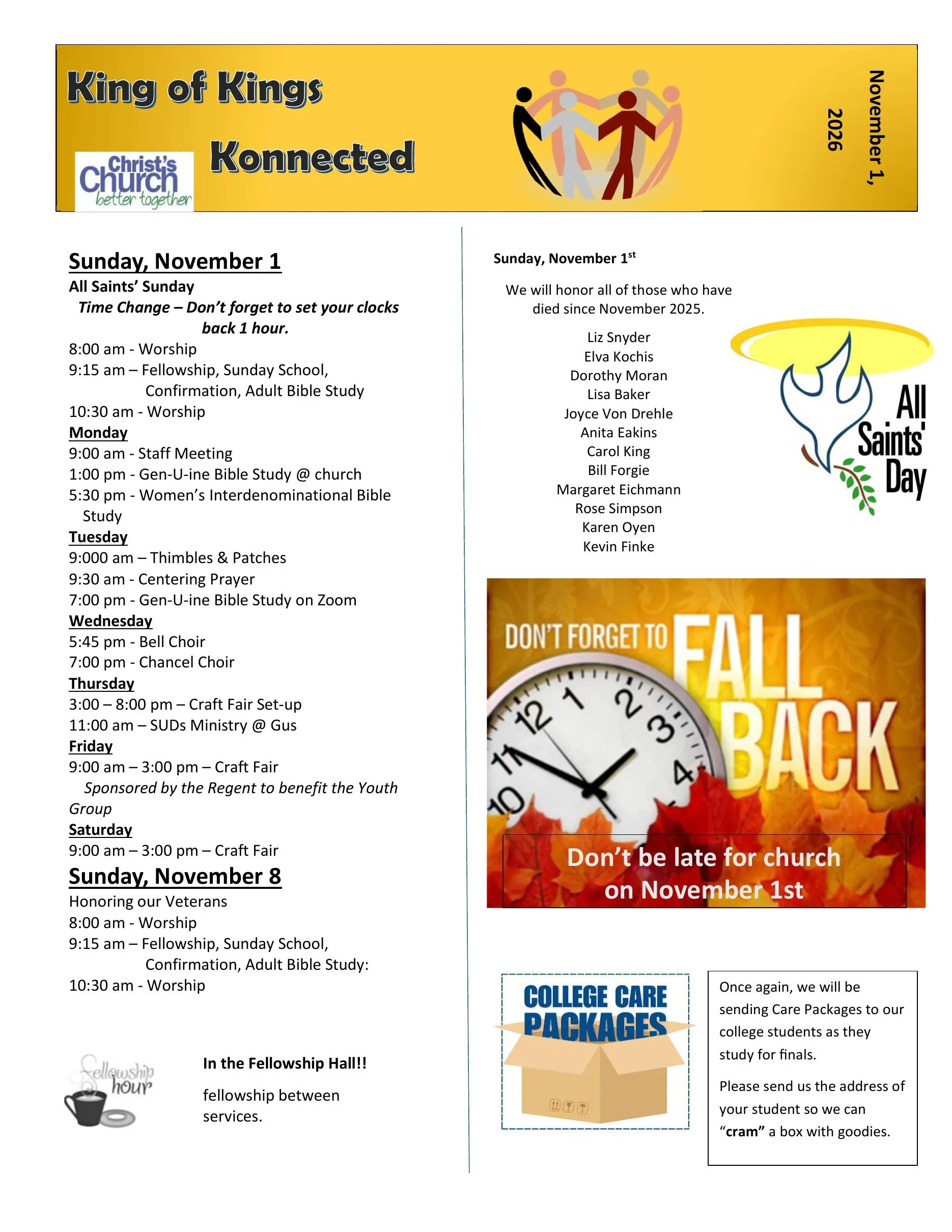 Page 1 of the Konnected newsletter for November 1, 2026: the week's worship and activity schedule for All Saints' Sunday, the names of members remembered since November 2025, the reminder to set clocks back and college care packages.
