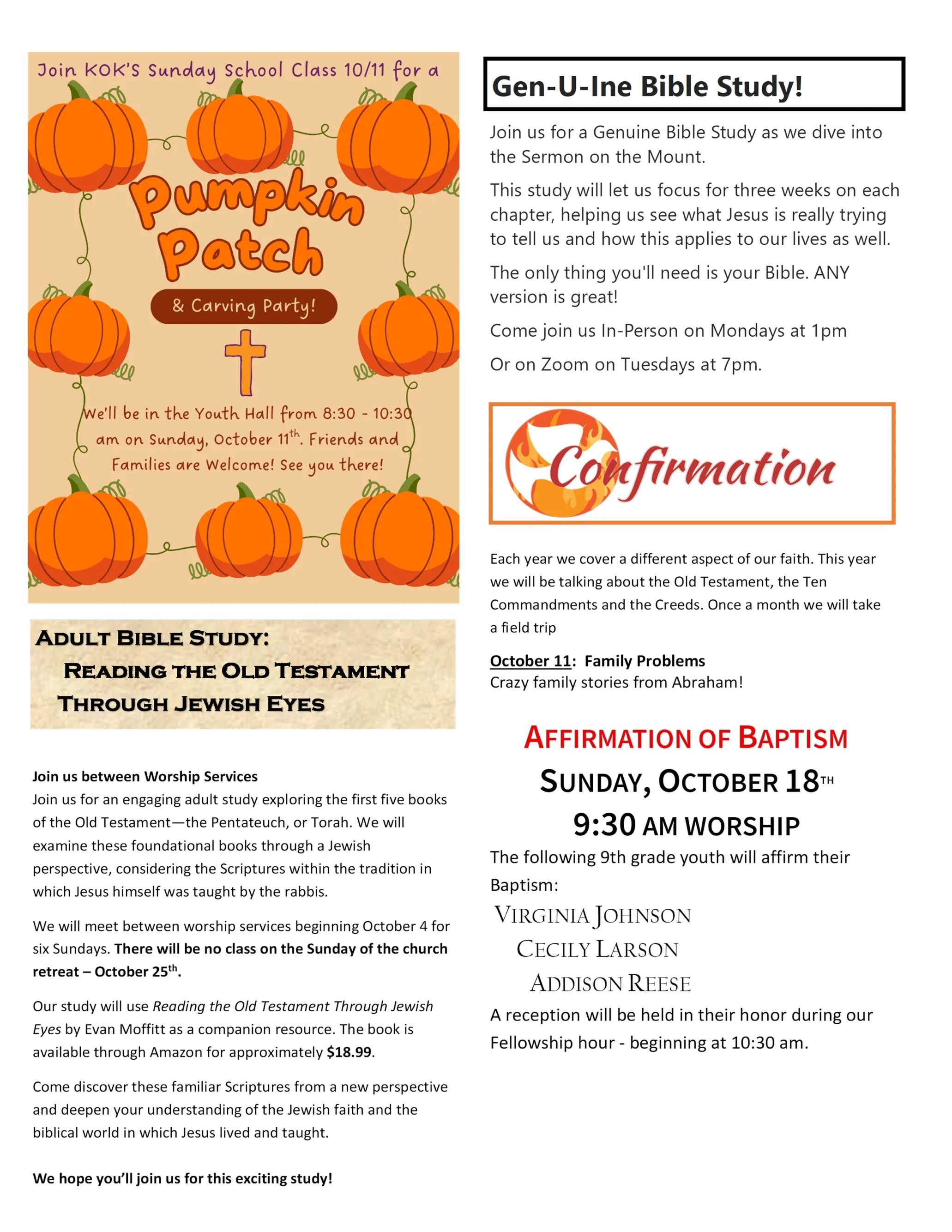 Page 2 of the Konnected newsletter: Sunday School Pumpkin Patch and Carving Party, Adult Bible Study, Gen-U-Ine Bible Study, Confirmation and Affirmation of Baptism on October 18.