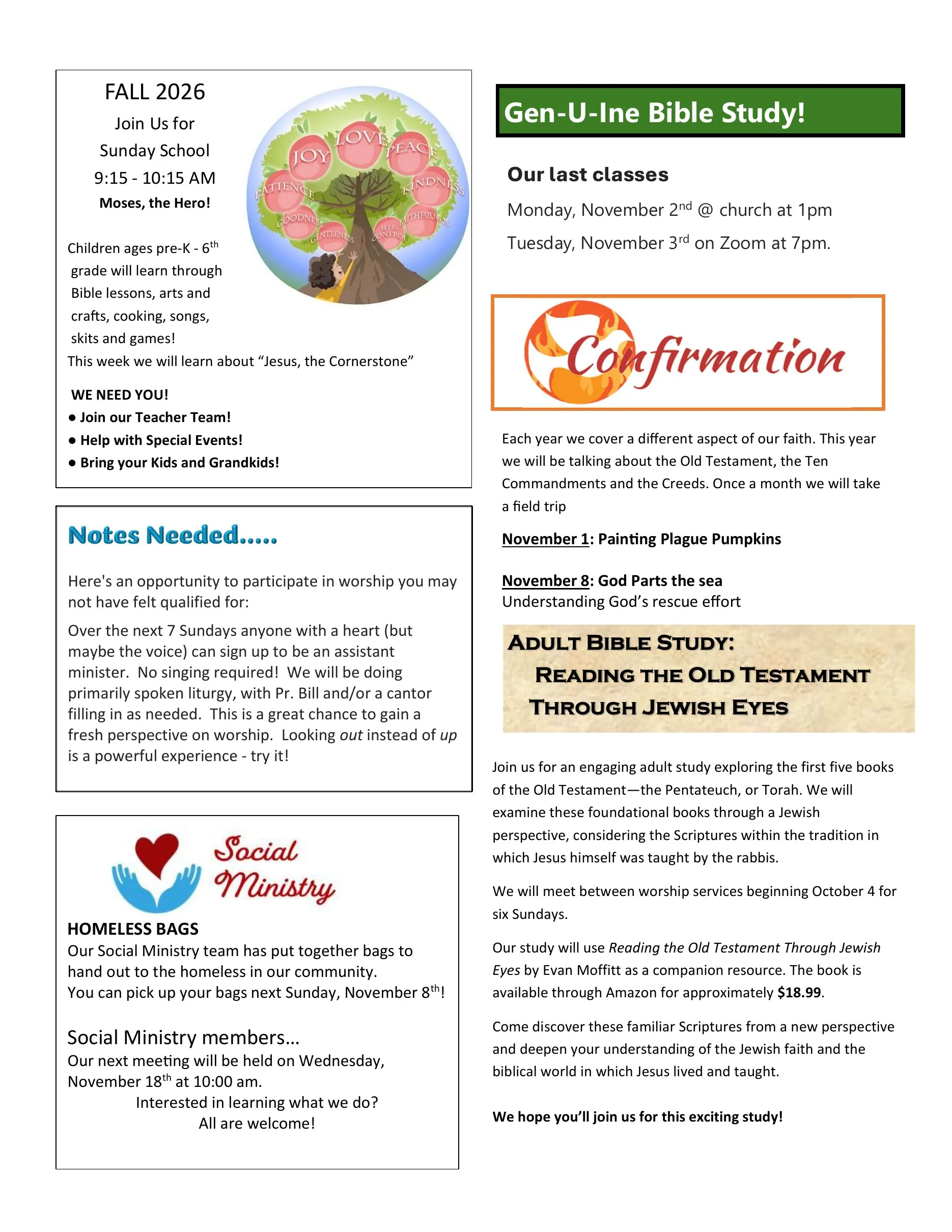 Page 2 of the Konnected newsletter: Sunday School, a call for assistant ministers, Social Ministry homeless bags, the last Gen-U-Ine Bible Study classes, Confirmation and Adult Bible Study.