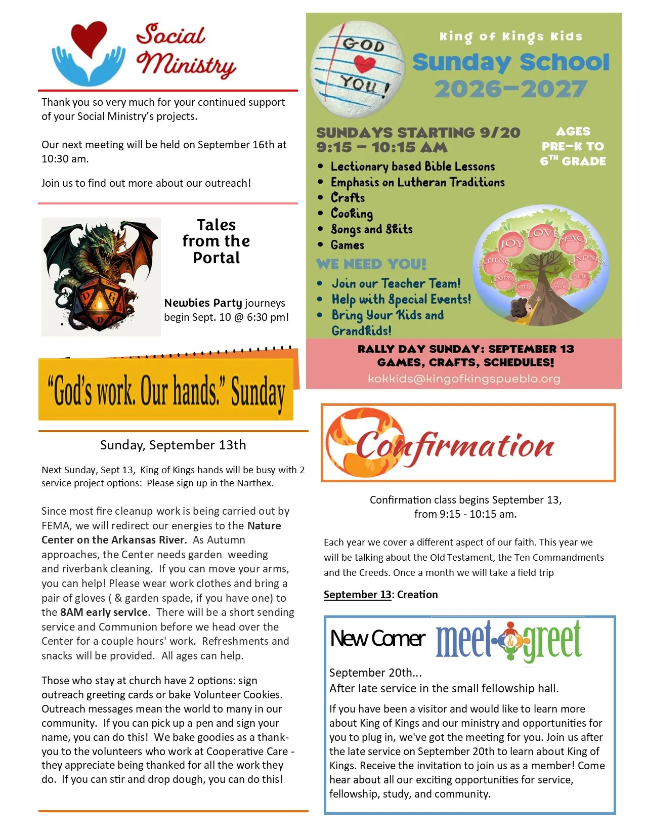 Page 2 of the Konnected newsletter: Morning Mixer, Aspen Acres Fire donations, choir rehearsals, Family Game Night and Women’s Bible Study.