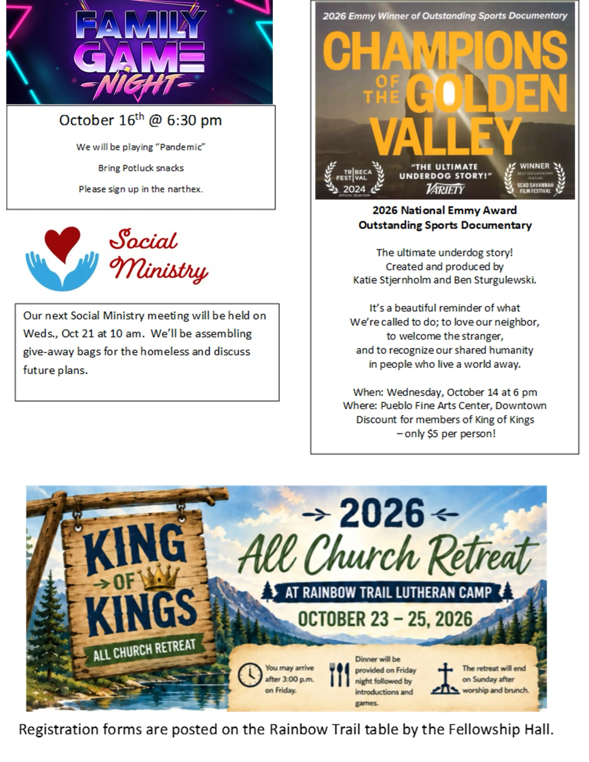 Page 3 of the Konnected newsletter: Family Game Night on October 16, Social Ministry meeting, the Champions of the Golden Valley screening and the All Church Retreat.