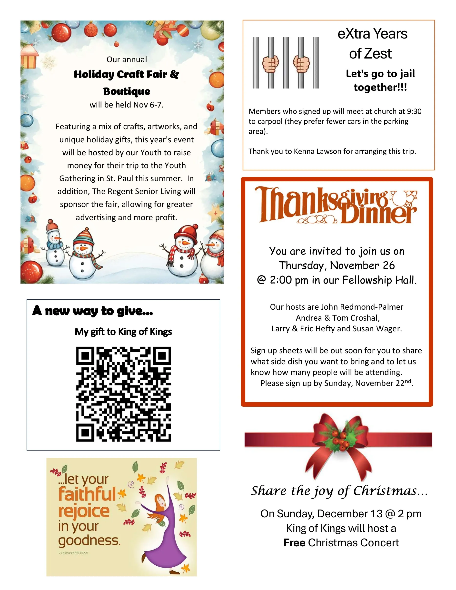 Page 3 of the Konnected newsletter: the Holiday Craft Fair November 6–7, a new way to give by QR code, the XYZ jail tour, the Thanksgiving Dinner on November 26 and the free Christmas Concert on December 13.