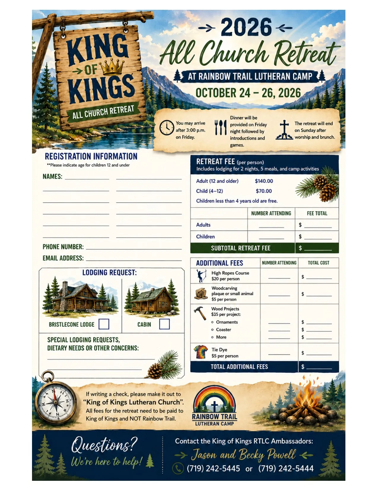All Church Retreat registration form for the October 24–26, 2026 retreat at Rainbow Trail Lutheran Camp, with fees and lodging options.