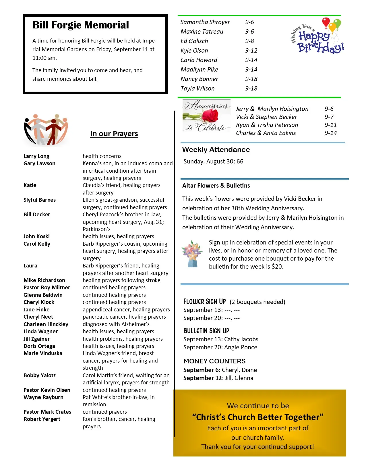 Page 5 of the Konnected newsletter: Bill Forgie memorial, prayer list, birthdays, anniversaries, attendance and altar flowers.
