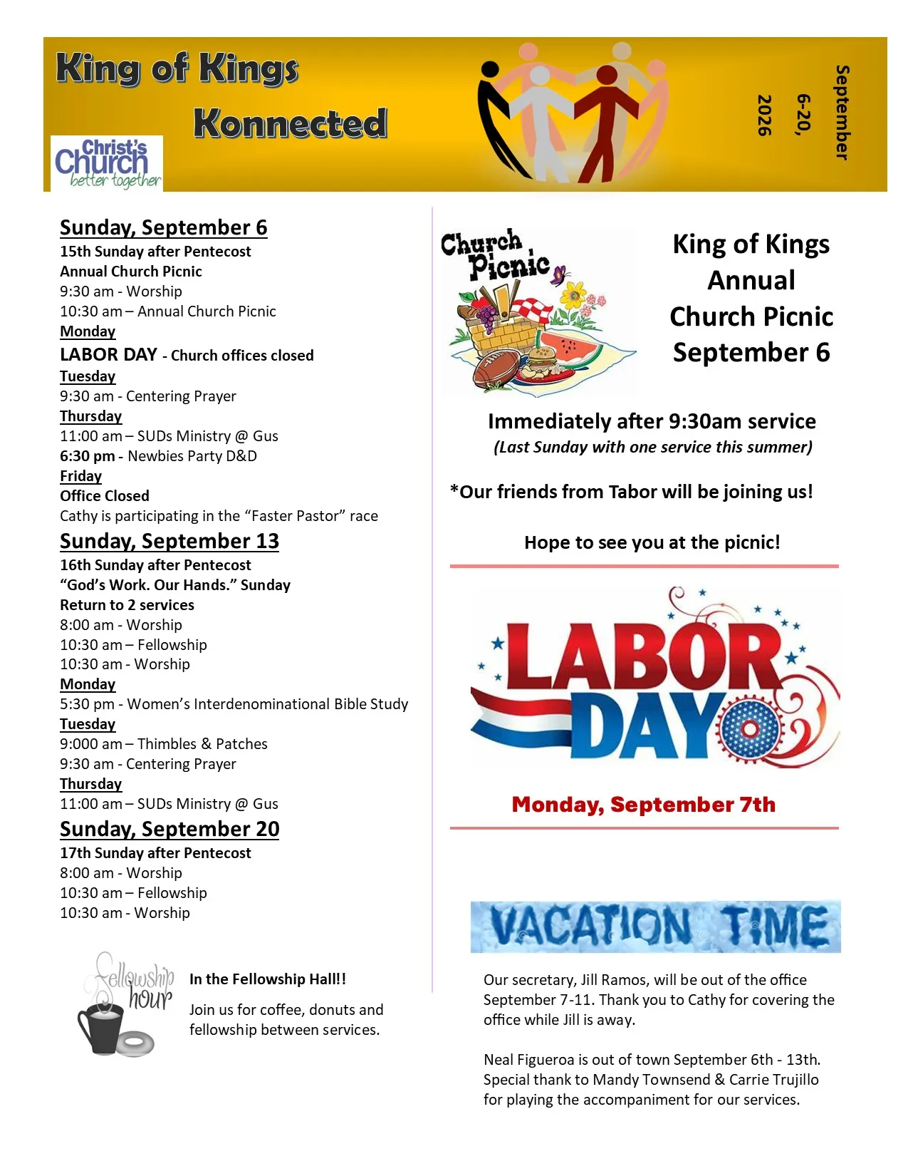 Page 1 of the Konnected newsletter for September 6–20, 2026: worship schedule, church picnic, Labor Day and staff vacation notes.